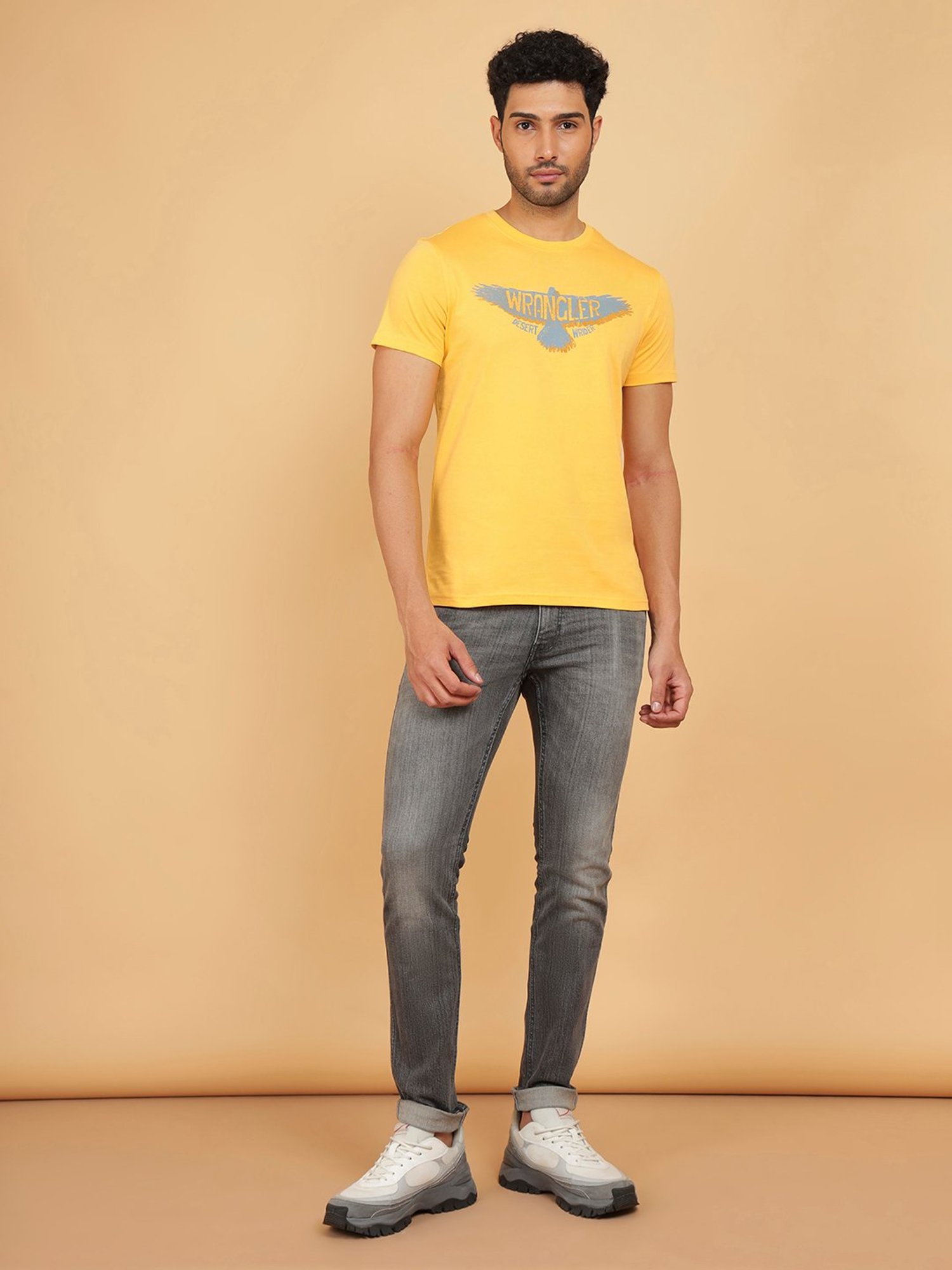 Wrangler Yellow Regular Fit Graphic Print Cotton Crew T-Shirt