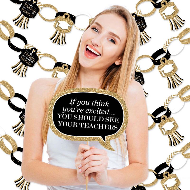 Big Dot of Happiness Tassel Worth The Hassle - Gold - Banner and Photo Booth Decorations - 2021 Graduation Party Supplies Kit - Doterrific Bundle