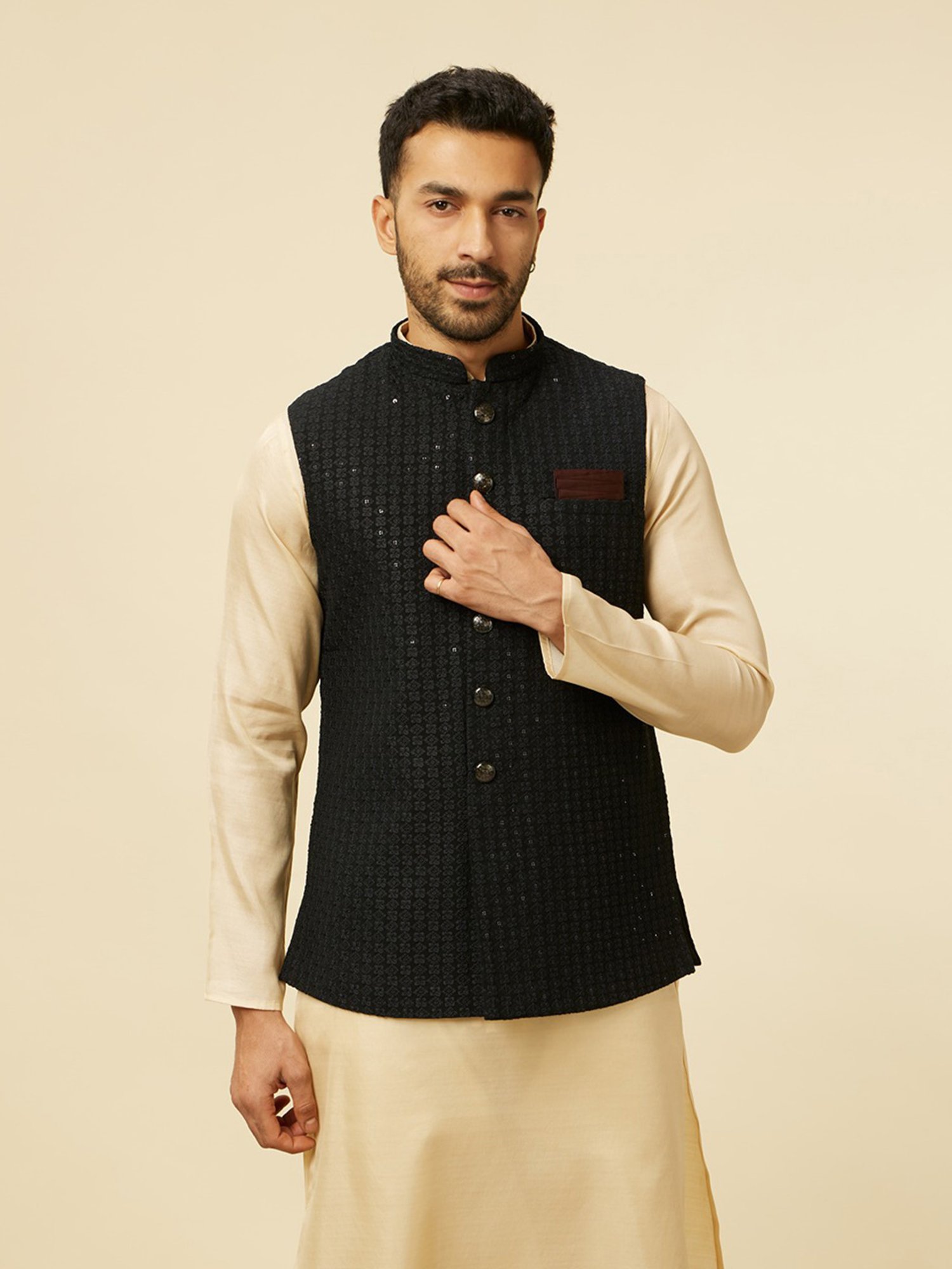 Manyavar Black Regular Fit Embroidered Nehru Jacket