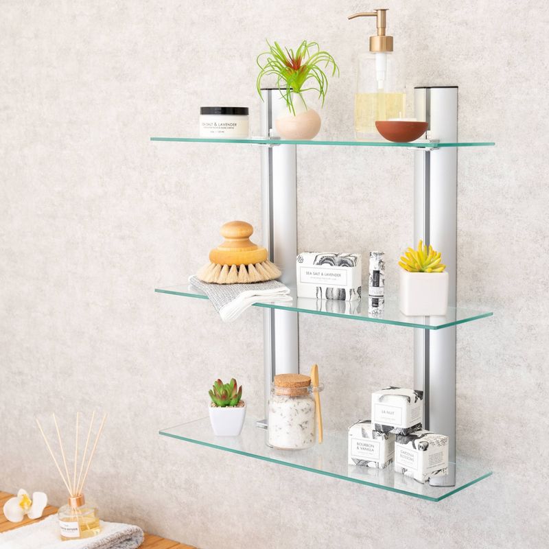 3 Tier Wall Mount Adjustable Glass Shelving Unit with Aluminum Bars - Danya B.