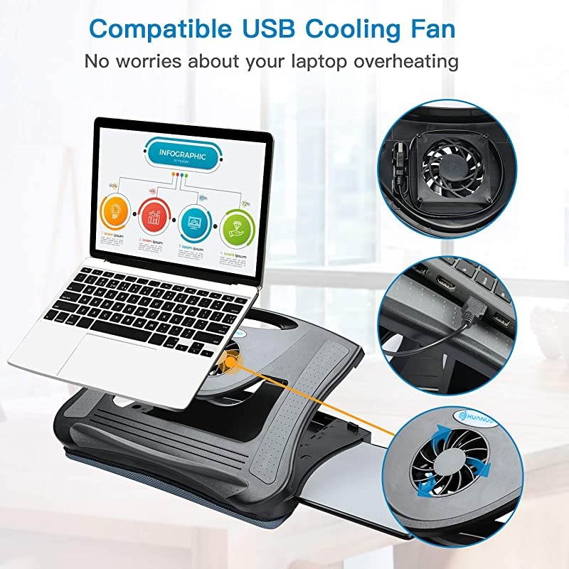 Adjustable Lap Desk with Cooling Fan, Fits 15.6 Inch Laptops, Comfortable Laptop Desk Stand with 5 Adjustable Angles, Detachable Mouse Pad & Mesh Cushion Base
