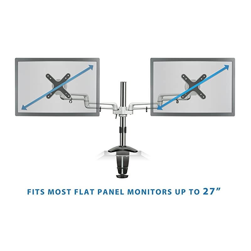 Dual Monitor Mount | Double Monitor Desk Stand | Two Full Motion Arms Fit 2 Computer Screens 17 19 20 21 22 24 27 Inch | VESA Compatible 75 100 | CClamp and Grommet Base Included | Silver