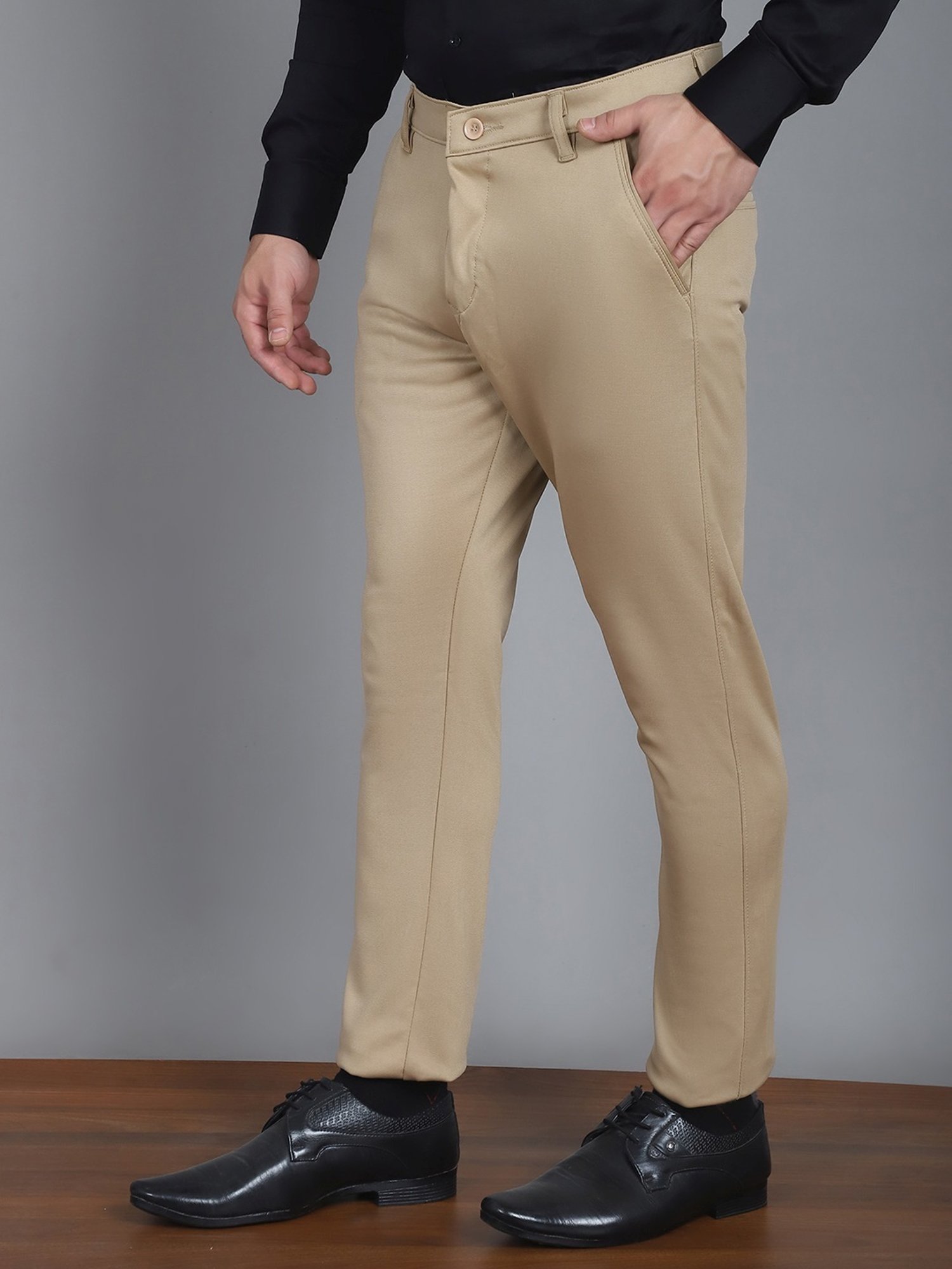 Jainish Beige Tapered Fit Texture Trousers