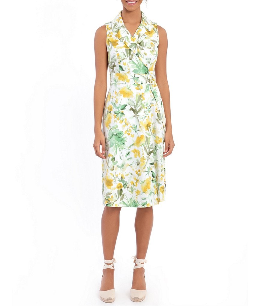 London Times Floral Collared Sheath Sleeveless Shirt Dress