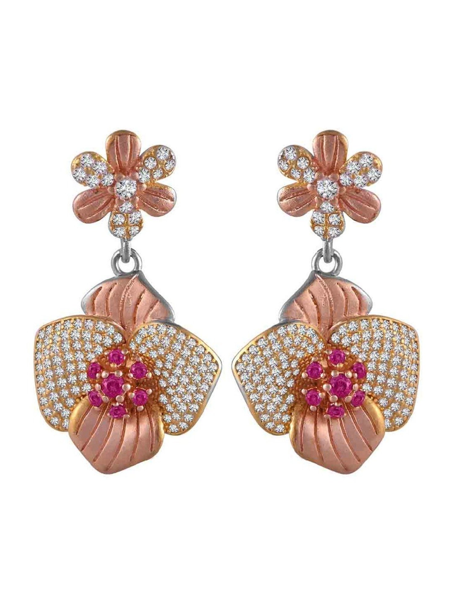 Rihi by P.C. Chandra Jewellers Petal With Pink Stone Flower Pendant And Earring Set (Without Chain)