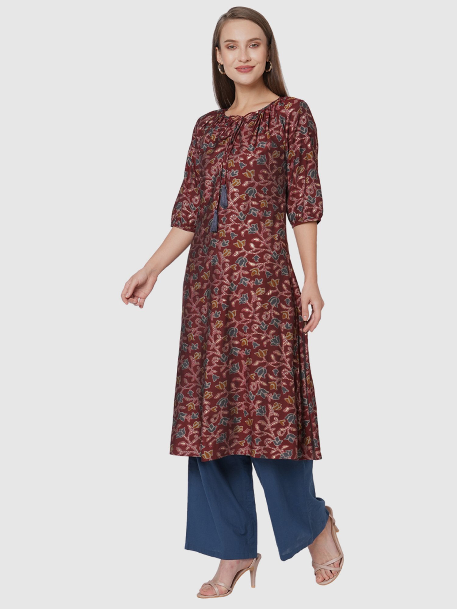 Fusion Beats Maroon Printed A Line Kurta