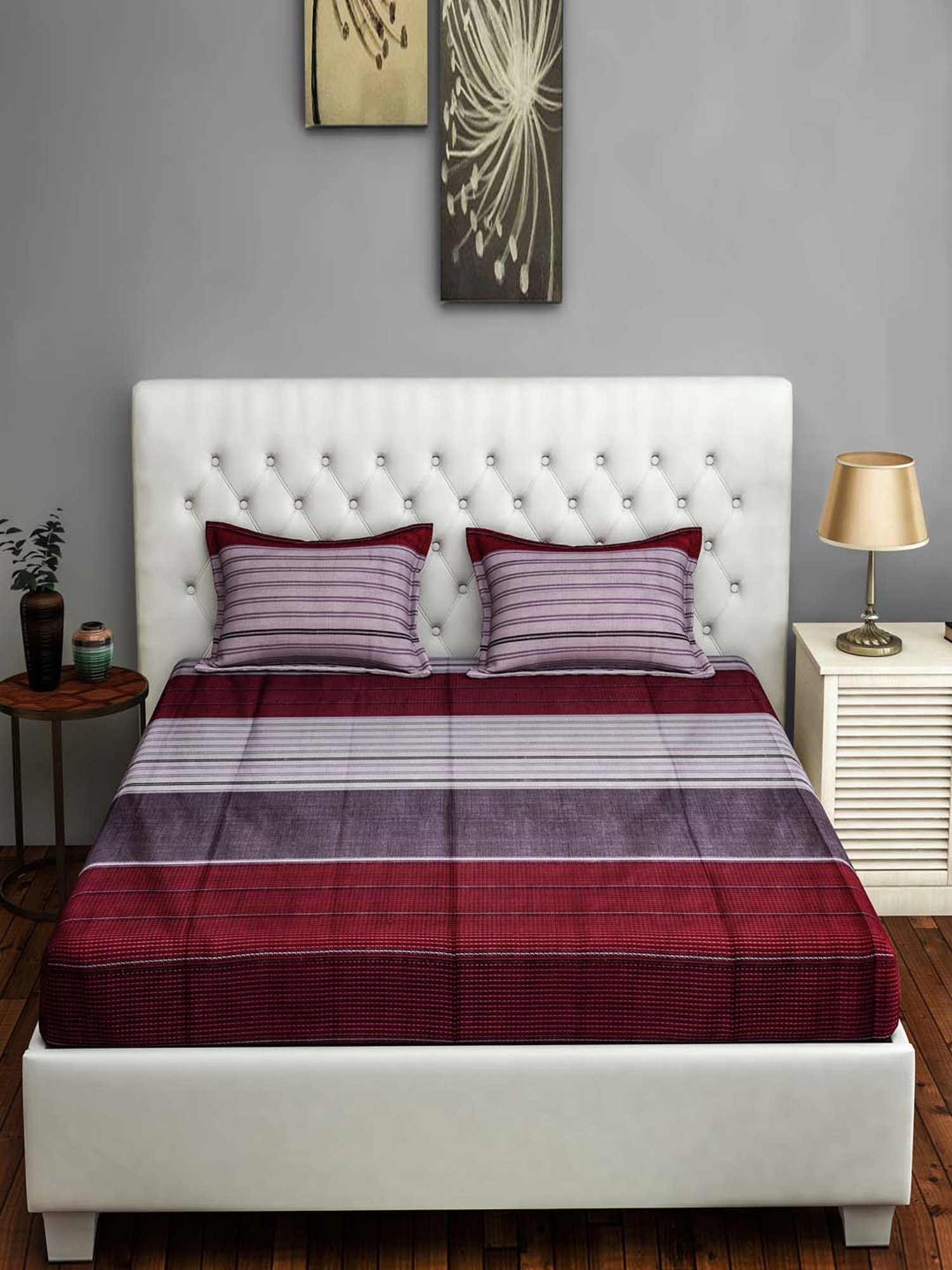 Swayam Stripes Grey 200 TC Cotton King Bedsheet with 2 Pillow Covers