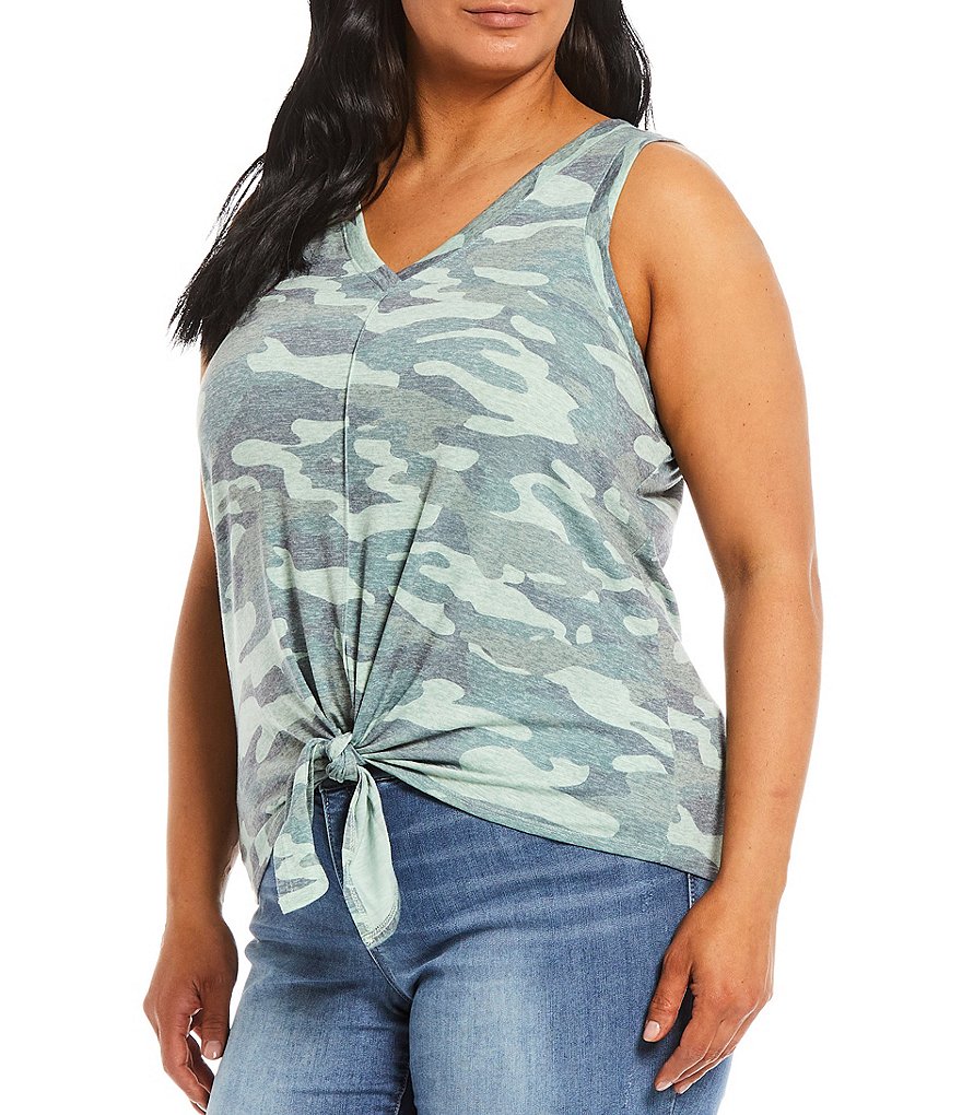 Democracy Plus Size Camo Print Knit V-Neck Sleeveless Tie-Front Top