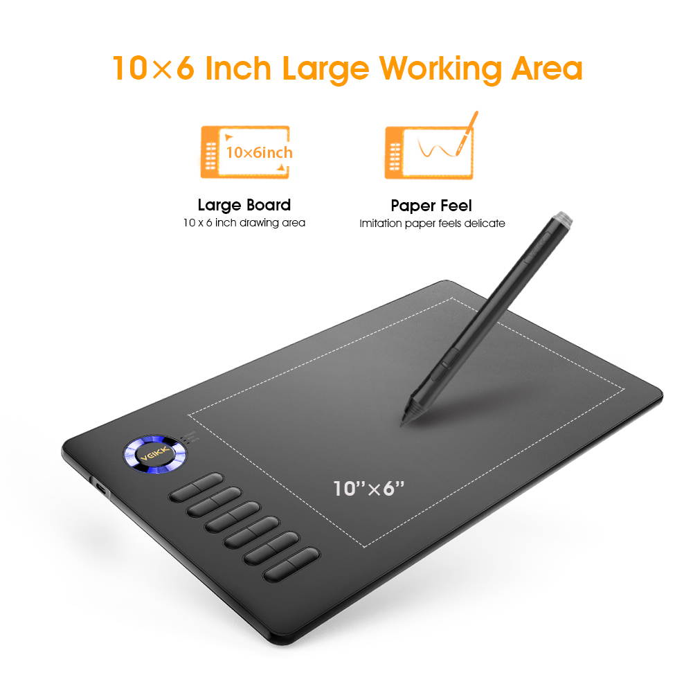 VEIKK A15 10x6 inch Digital Graphics Drawing Tablet Drawing Pen Tablet with Battery-Free Passive Stylus and 12 Shortcut Keys,20 Nibs and 1 Artist Glove (8192 Levels Pressure)