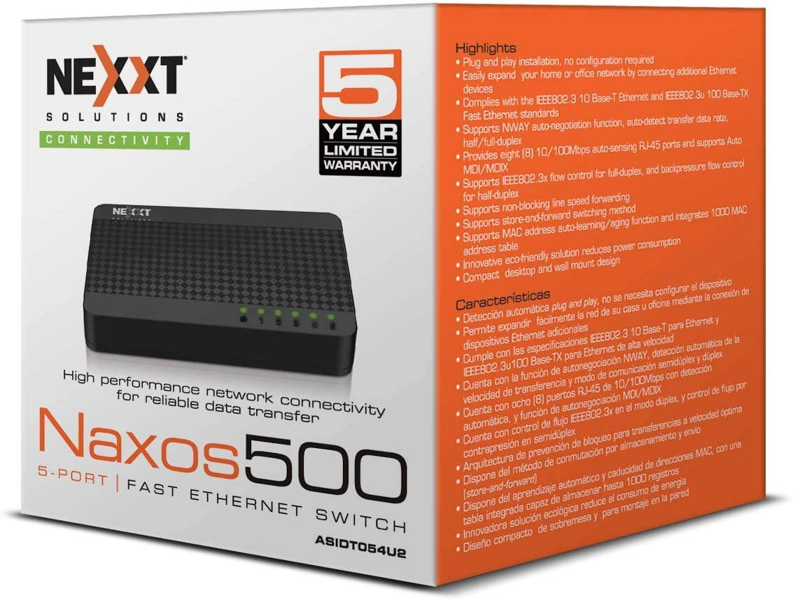 Nexxt Solutions 5-Port Fast Ethernet Network Switch [Naxos500] | Smart Plug and Play Unmanaged Desktop Switch with Internet Splitter