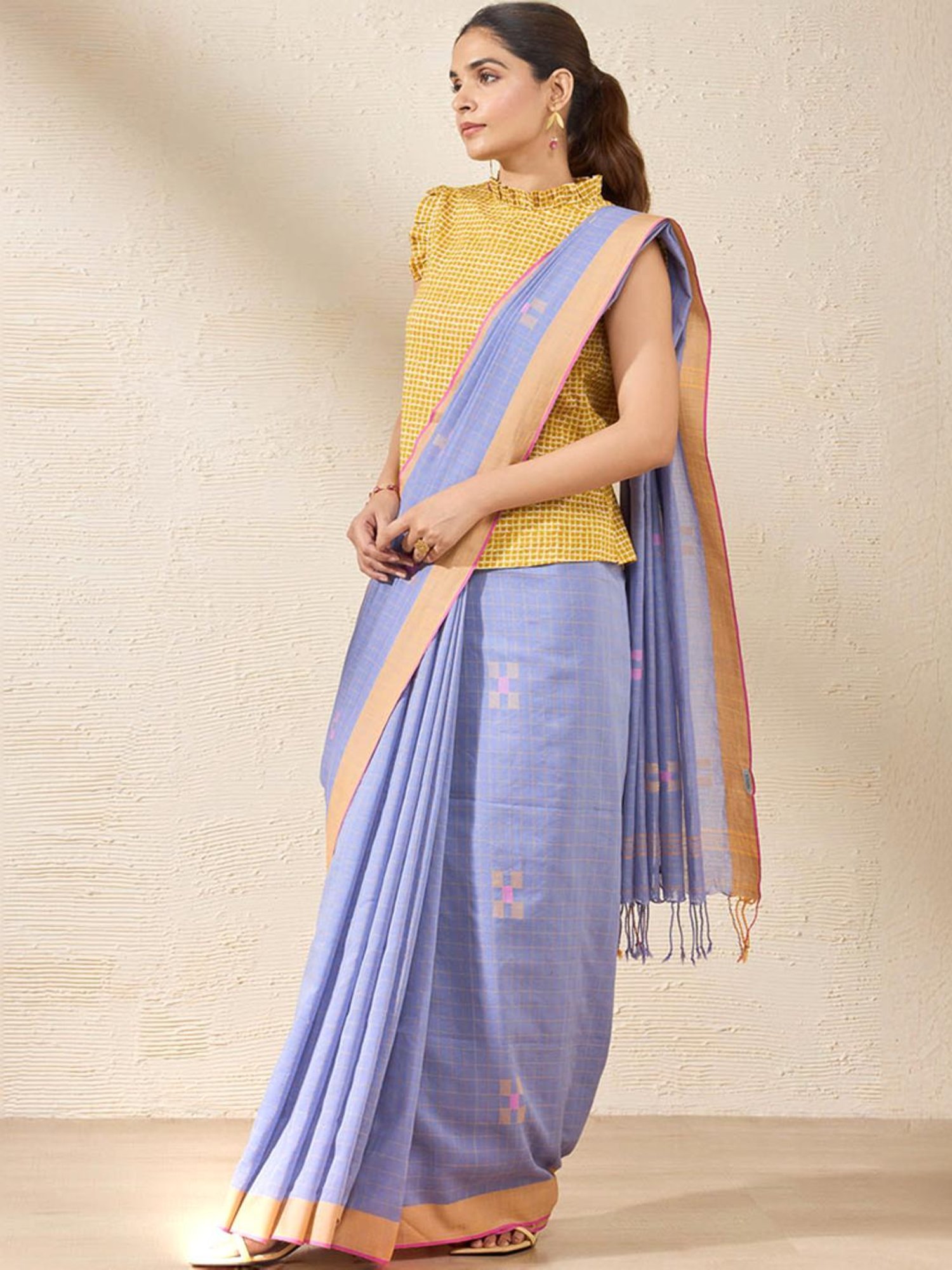 Taneira Purple Cotton Printed Saree With Unstitched Blouse