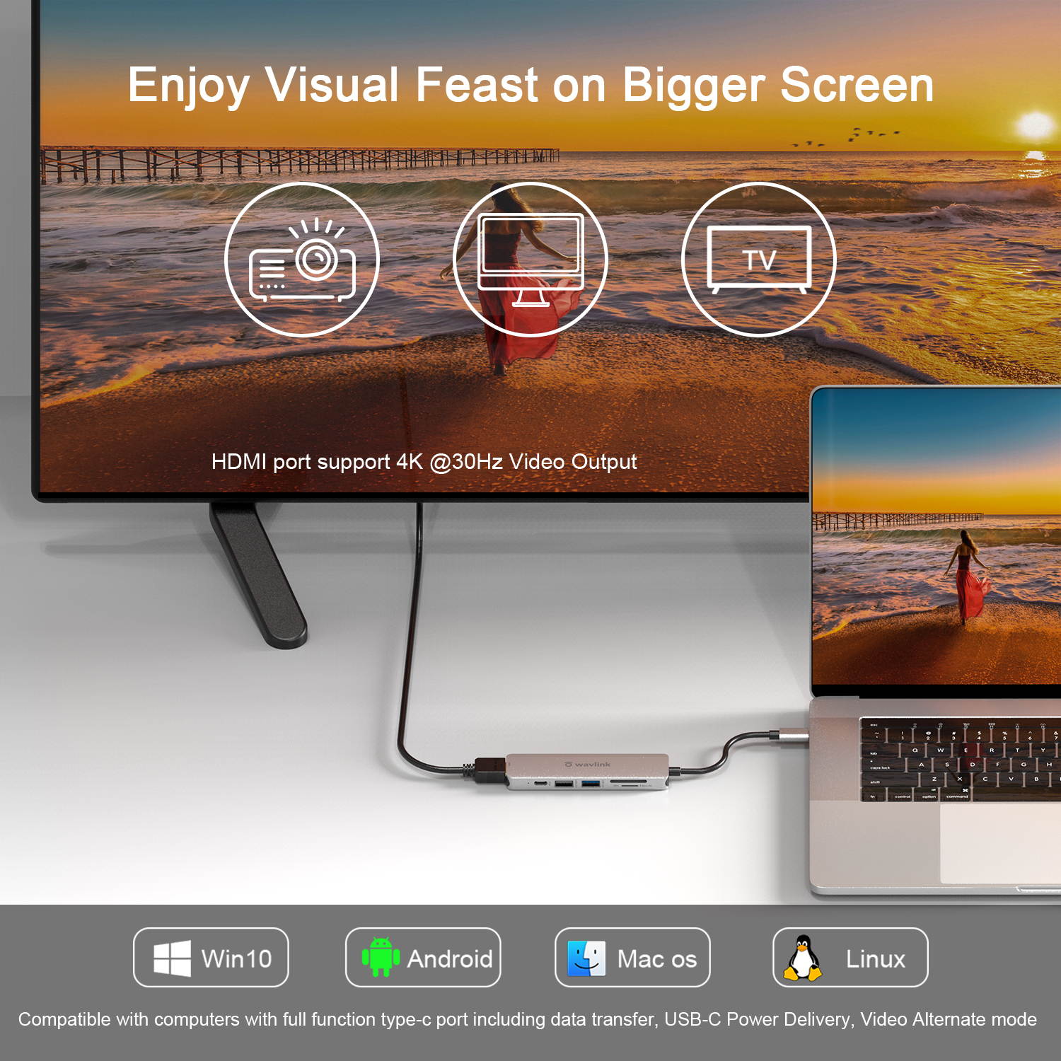 Wavlink USB C Hub, PD 7-in-1 Type C Adapter Mini Docking Station Aluminum with 4K 30Hz HDMI, 2K 60Hz VGA, 2 USB 3.0, SD/TF Card Reader, 87W Laptop Power Delivery for Windows Mac and More, Plug & Play