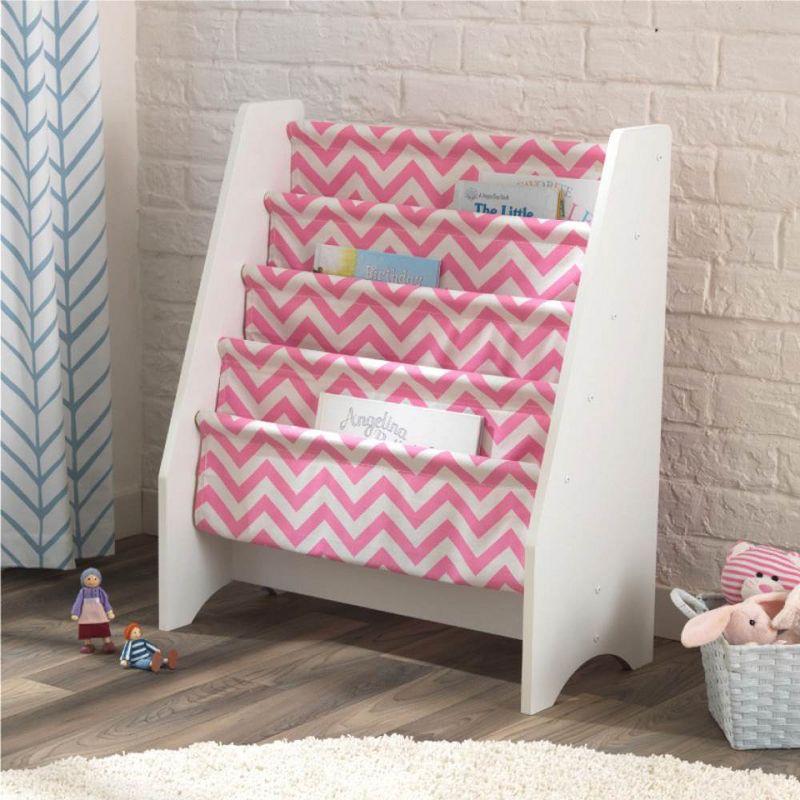 KidKraft Wooden Sling Bookshelf Bookcase Organizer, Pink & White