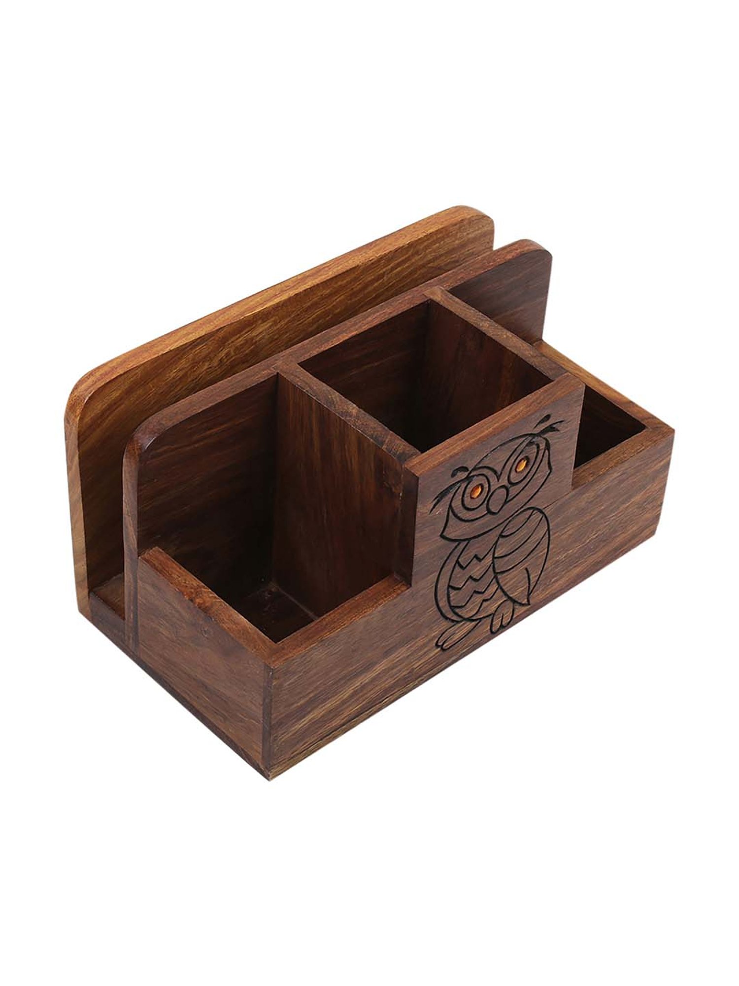 VarEesha Dark Brown Sheesham Wood Wise Owl Penstand - Set of 1