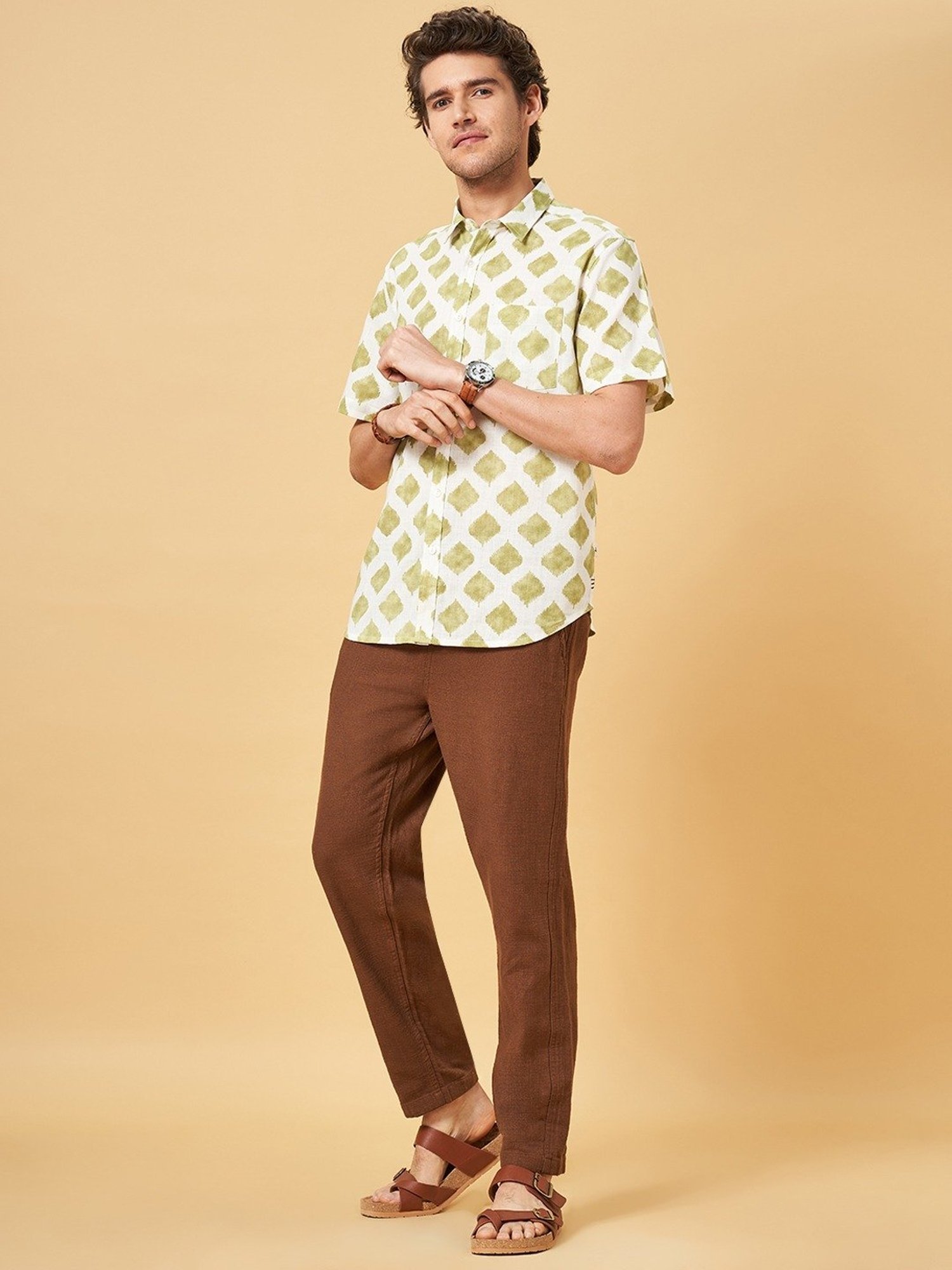 Indus Route by Pantaloons Sage Green Regular Fit Printed Shirt