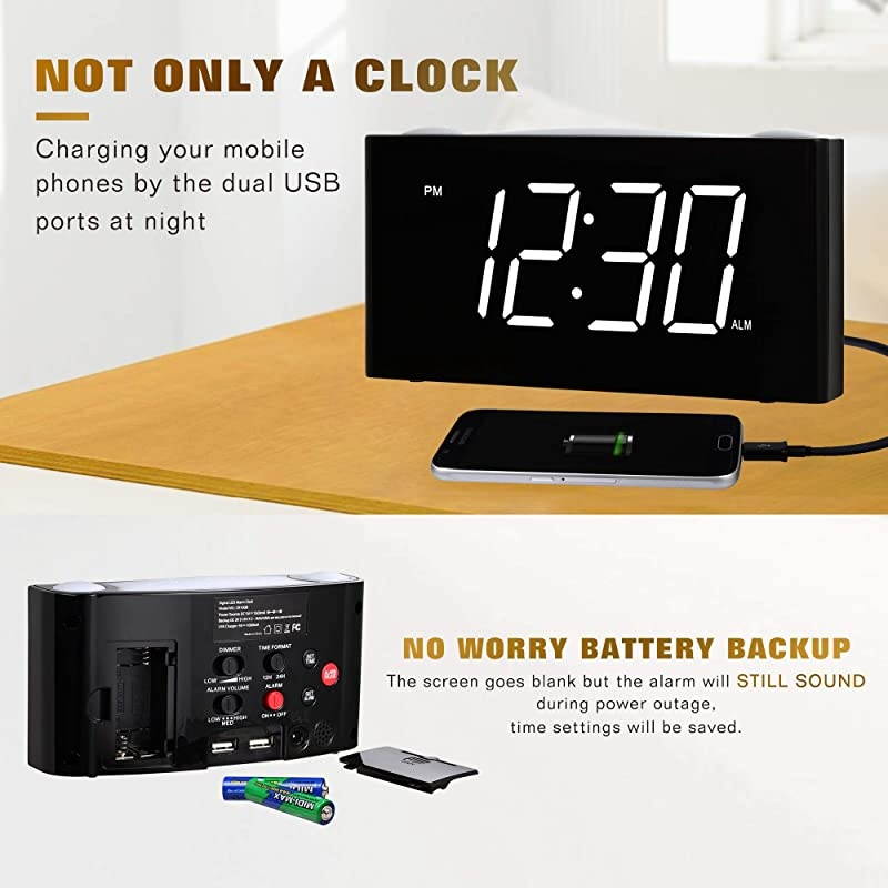 Digital Alarm Clock for Bedrooms Large 65quot LED Display with Dimmer Snooze 7 Color Night Light Easy to Set USB Chargers Battery Backup 1224 Hours for Heavy Sleepers Kids Desk Elderly