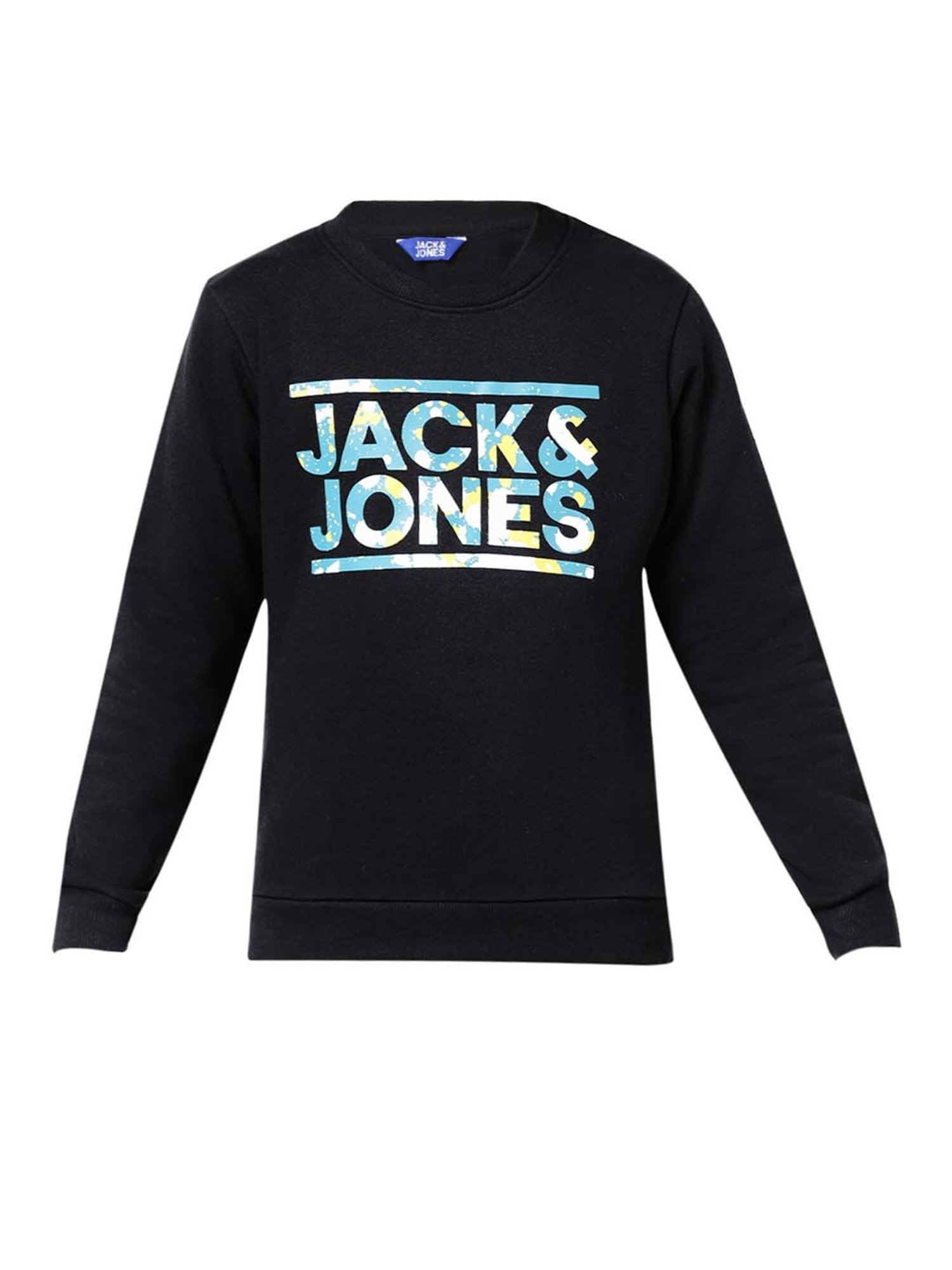 Jack & Jones Junior Jet Black Printed Full Sleeves Sweatshirt