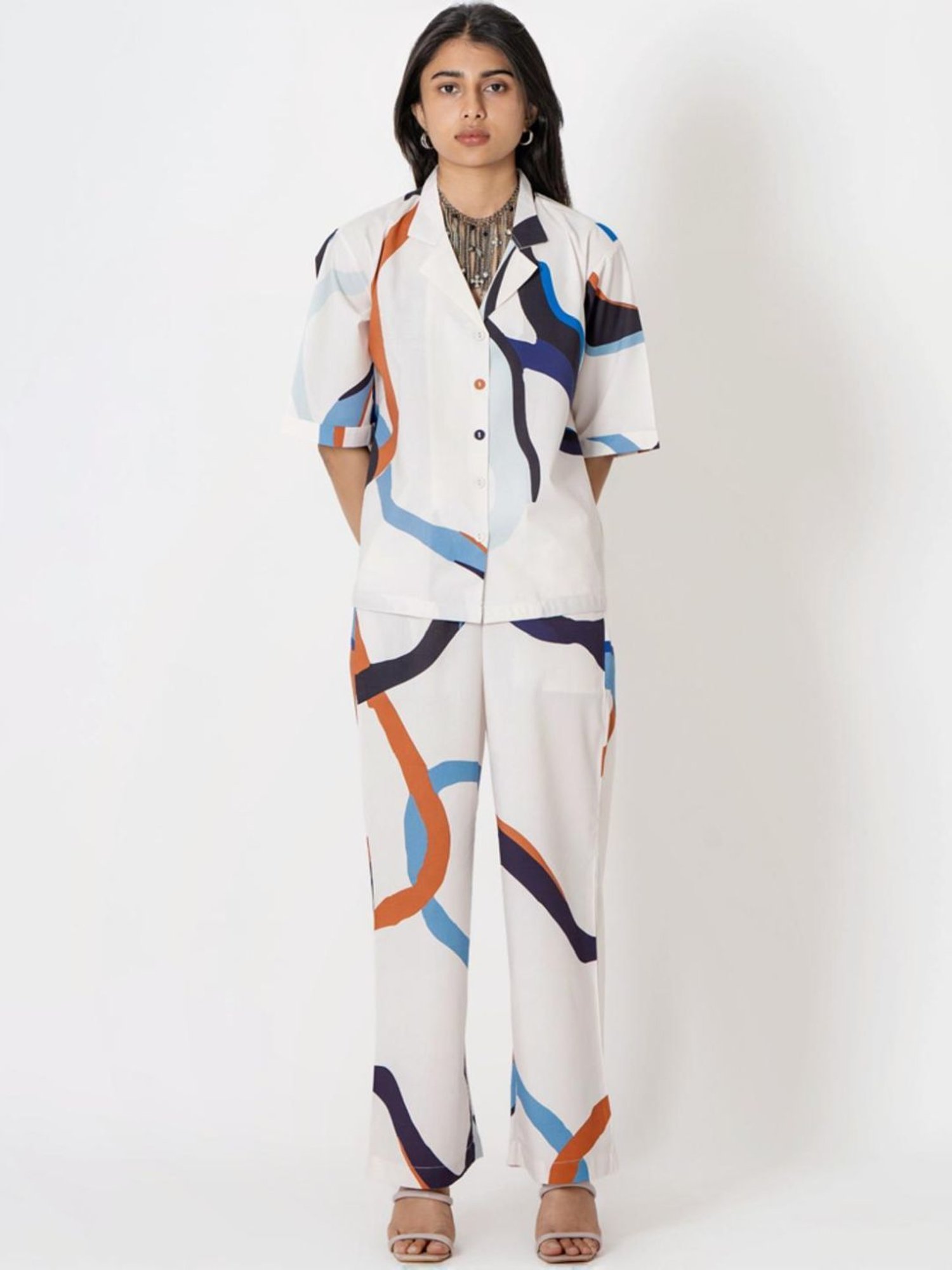 Kameez by Pooja White Capsule 24 Abstract Digital Print Modal Cotton  Shirt and Pant Co-ord Set