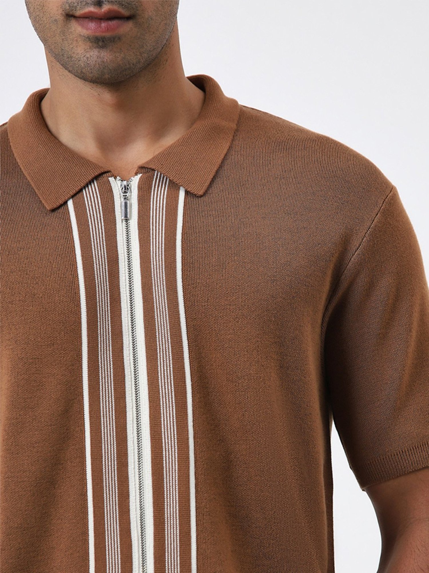 Ascot by Westside Tan Striped Relaxed Fit T-Shirt