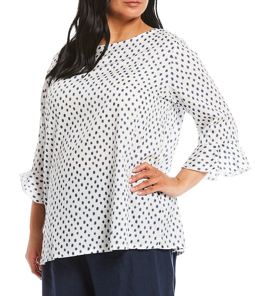 Bryn Walker Plus Size Chiara Jewel Neck 3/4 Ruffle Sleeve Cotton Dotted Blouse
