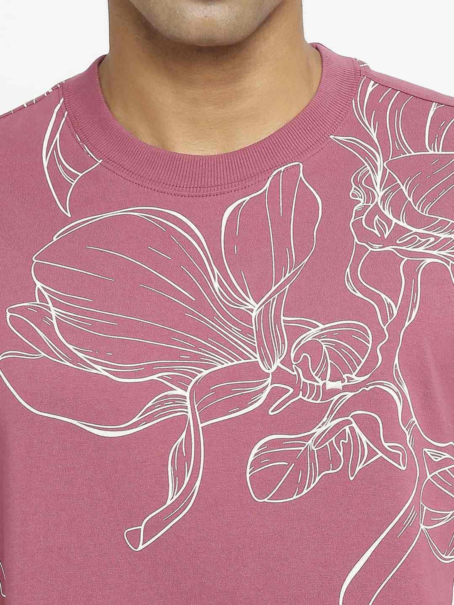 Basics Maroon Cotton Relaxed Fit Printed T-Shirt