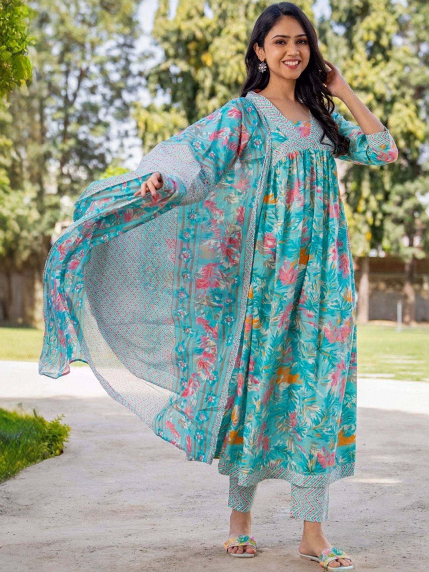 HOUSE OF JAMOTI Blue Cotton Printed Kurta Pant Set With Dupatta