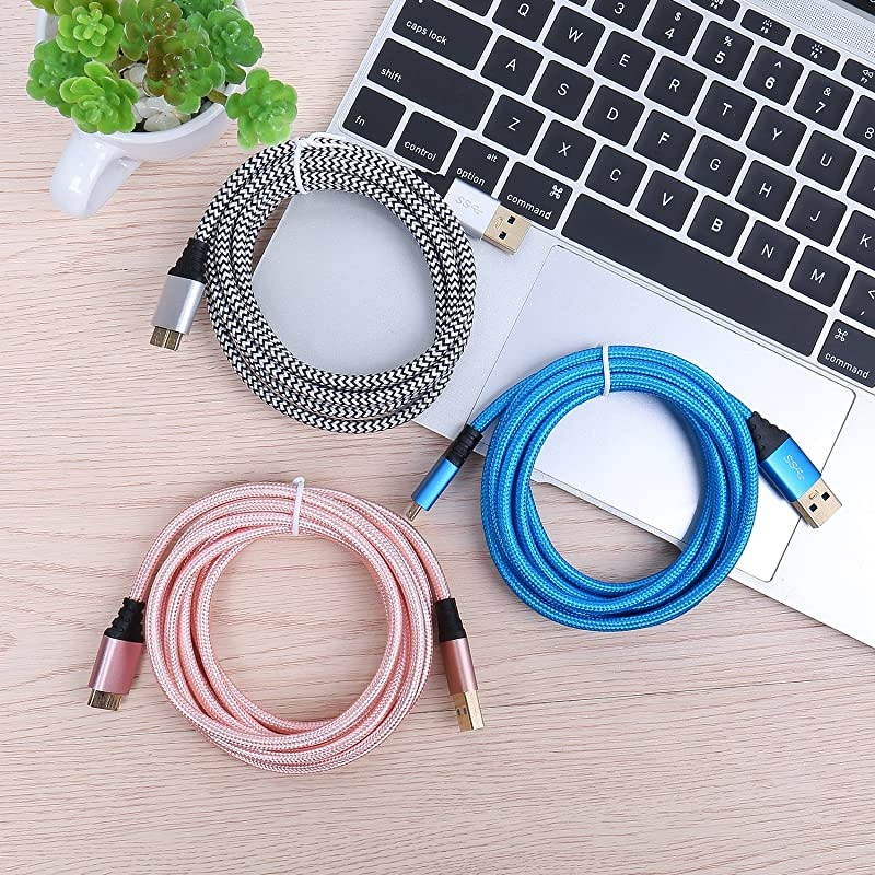 USB 30 Cable Micro B  3Pack Colors 6ft Braided USB 30 Cable Fast Charger Cable for External Hard Drive Samsung Galaxy S5 Note 3 Blue White Pink