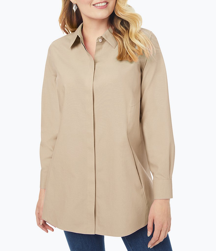 Foxcroft Plus Size Cici Solid Non-Iron Pinpoint Oxford Long Sleeve Point Collar Button Front Tunic