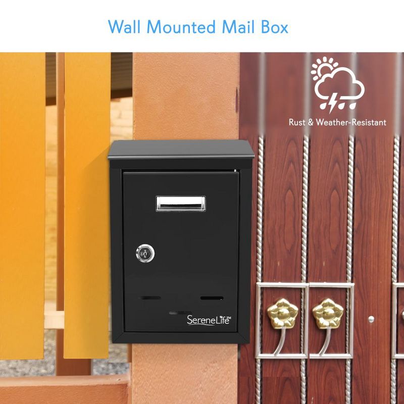 SereneLife SLMAB24 Home Indoor Outdoor Galvanized Steel Metal Wall Mount Secure Locking Mailbox Magazine Newspaper Holder with Keys, Black