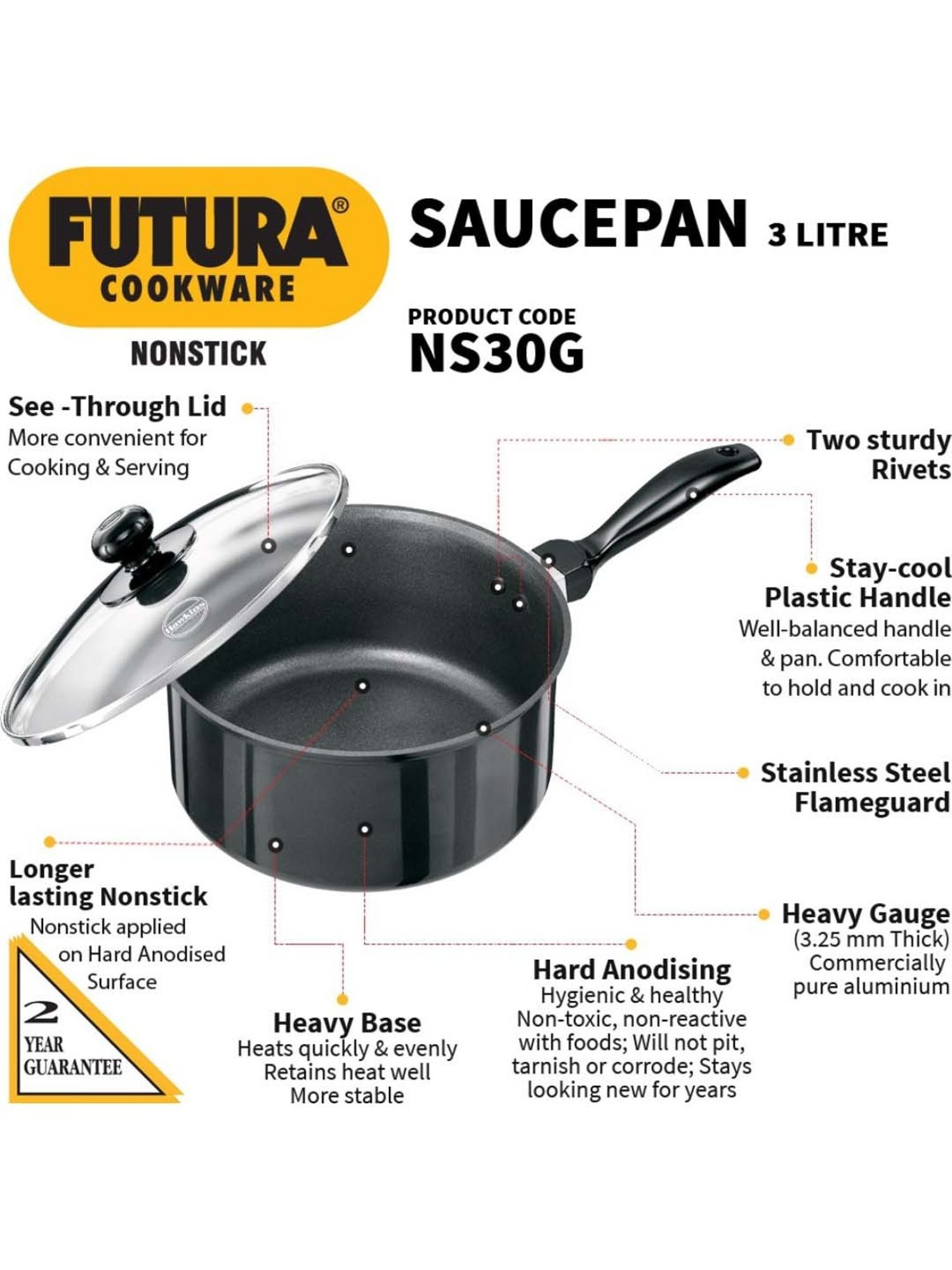 Hawkins Black Hard Anodised 2 Non-Stick Sauce Pan With Lid (3 L) - Set of 1