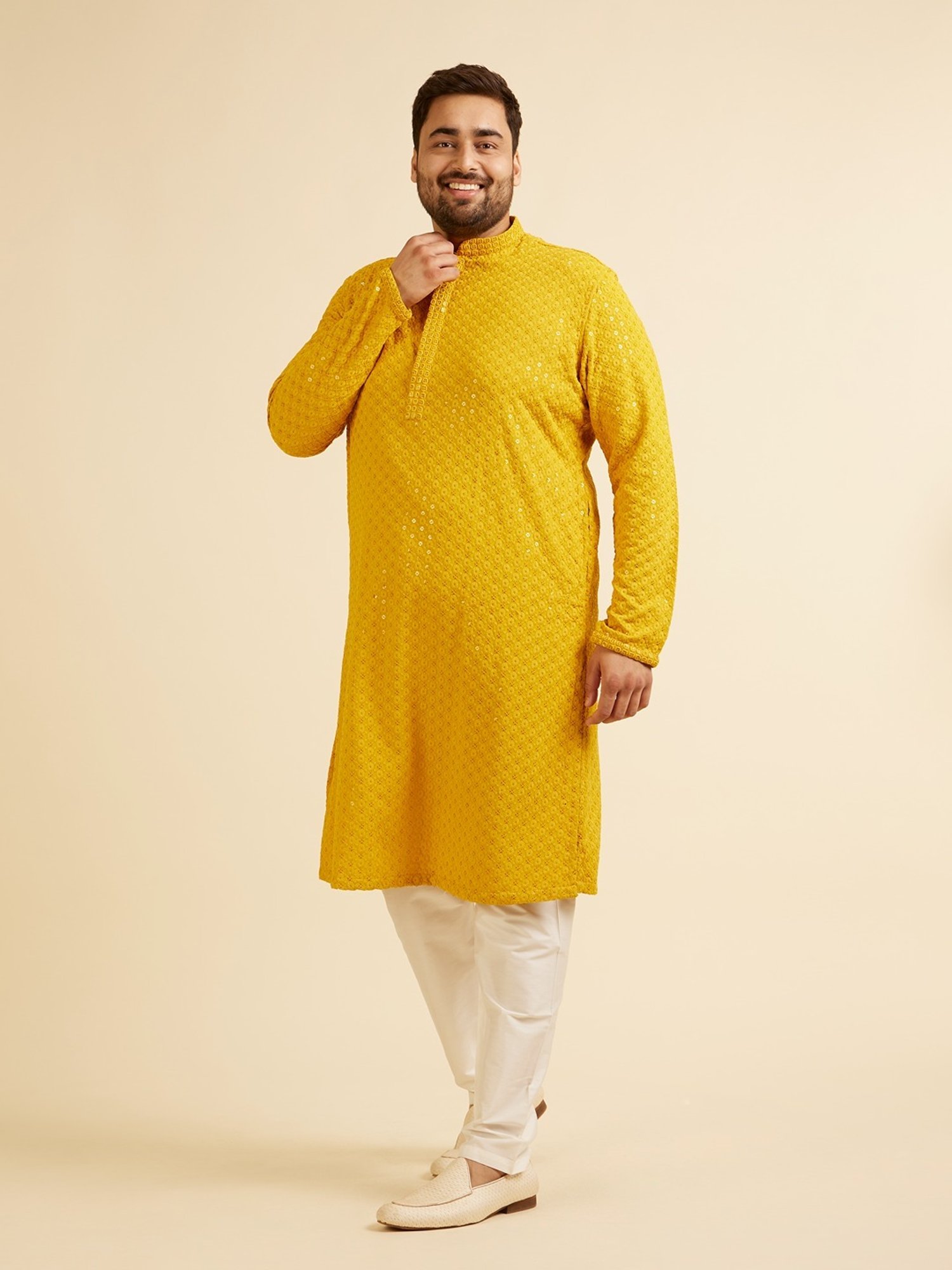 Manyavar Mustard Regular Fit Embroidered Plus Size Kurta and Pyjama Set