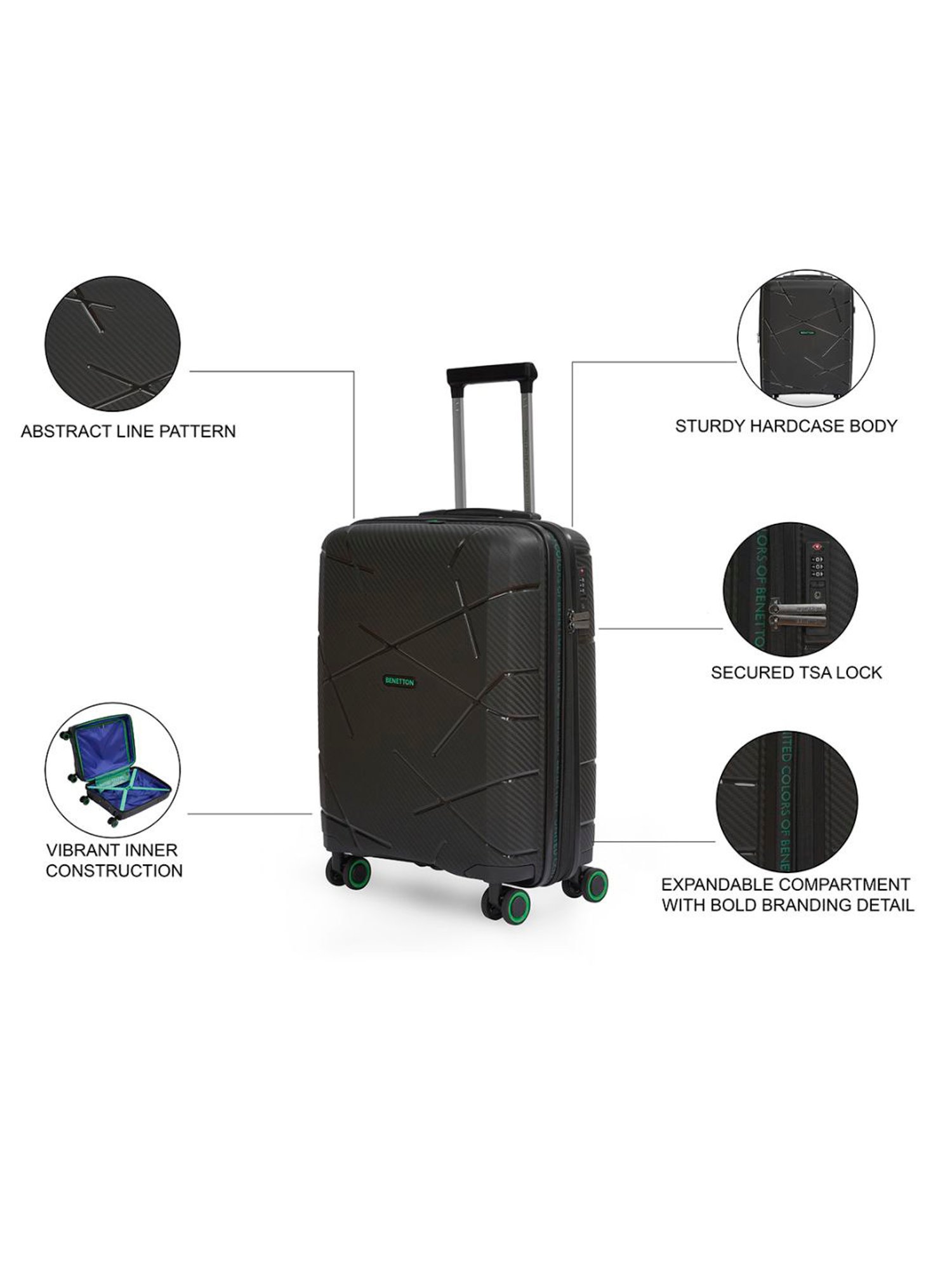 United Colors of Benetton Moonstone Black Textured Hard Medium Trolley Bag - 68 Cm