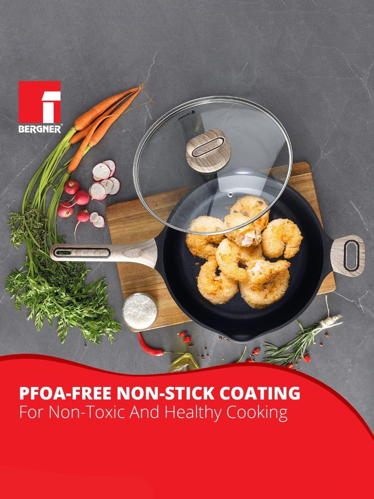 Bergner Grey Non-Stick Marble Induction Base Deep Frypan with Lid - 28cm (3.2L)