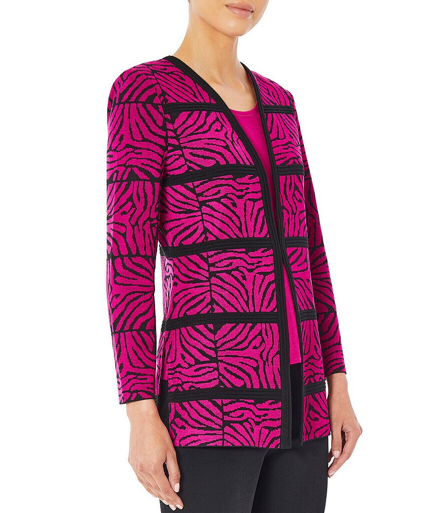 Ming Wang Contrast Trim Long Sleeve Animal Print Knit Jacket