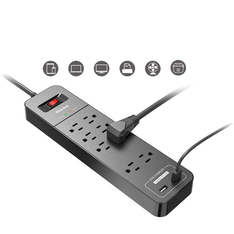 Huntkey 3 x SMC807 Power Strip with 8 Standard American Sockets, 2 5V/2.4A USB Ports, and 6 Foot Heavy Duty Cord, Black (3 Pack)