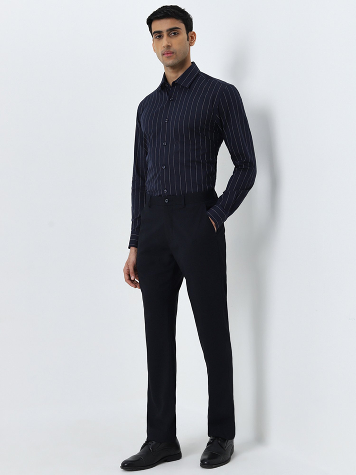 WES Formals by Westside Navy Pinstriped Relaxed-Fit Cotton Shirt