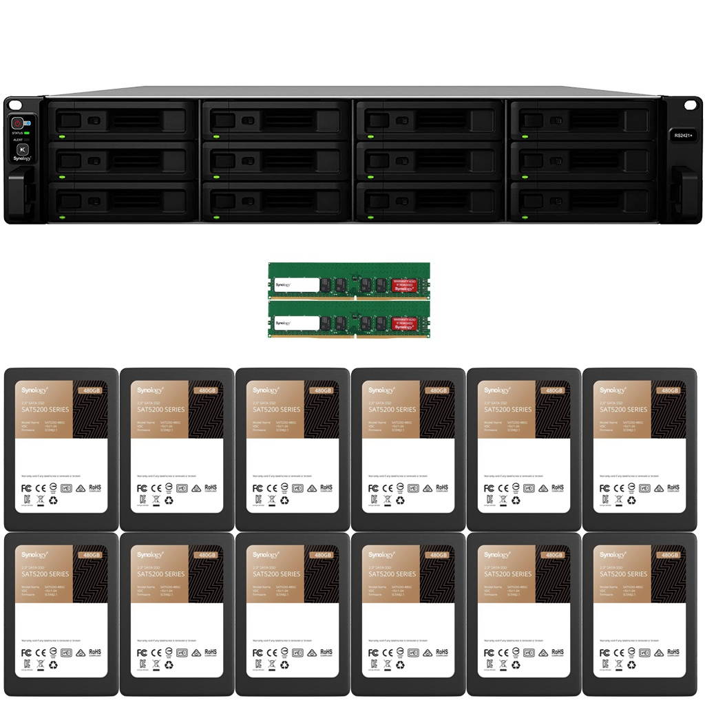 Synology RS2421+ RackStation with 16GB RAM and 5.76TB (12 x 480GB) of SAT5200 Synology Enterprise Solid State Drives (SSDs) Fully Assembled and Tested By CustomTechSales