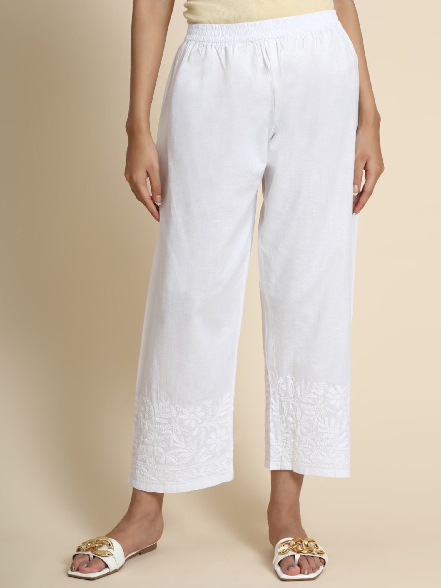 House Of Kari HOK Chikankari White Cotton Pant Trouser