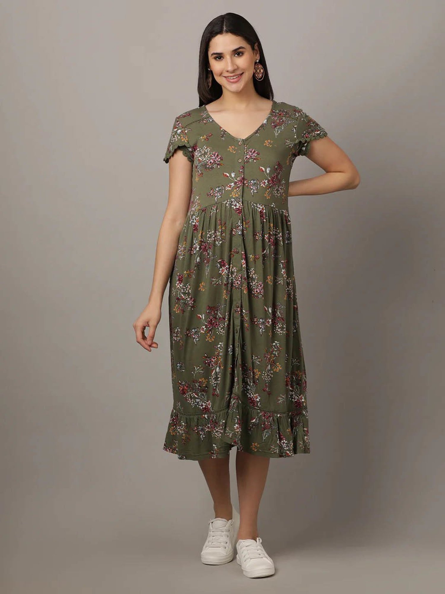 The Mom Store Olive Cotton Floral Print Maternity & Nursing Dress