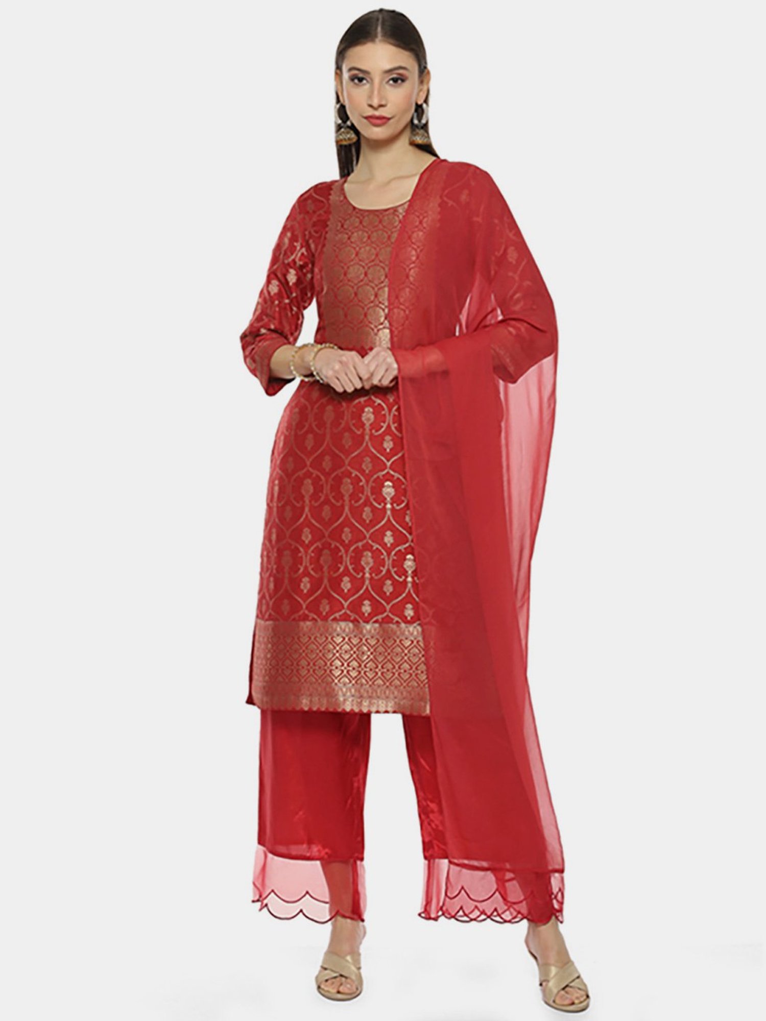 Biba Red Woven Pattern Kurta Palazzo Set With Dupatta