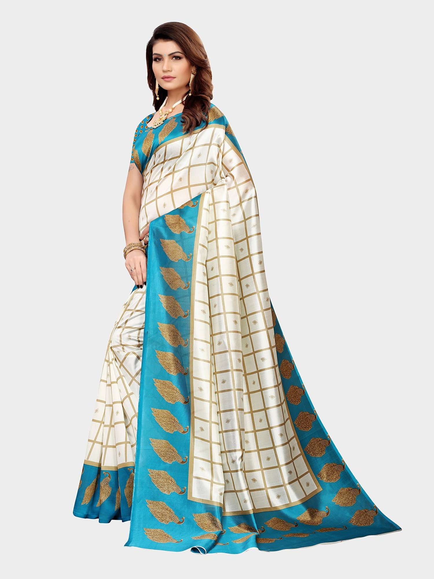 KSUT Ivory & Blue Check Saree With Blouse