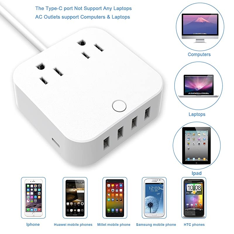 Strip Surge Protector with TypeC Charging Port 5V3A 4 USB Ports 5V24A Portable Travel Charger Station 4ft Heavy Duty Extension Cord USB C Not for Laptops