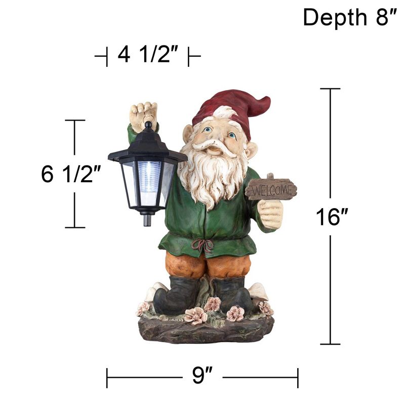 John Timberland Outdoor Statue with Light Solar LED 16" High Welcome Gnome with Lantern for Yard Garden Patio Deck Home Entryway