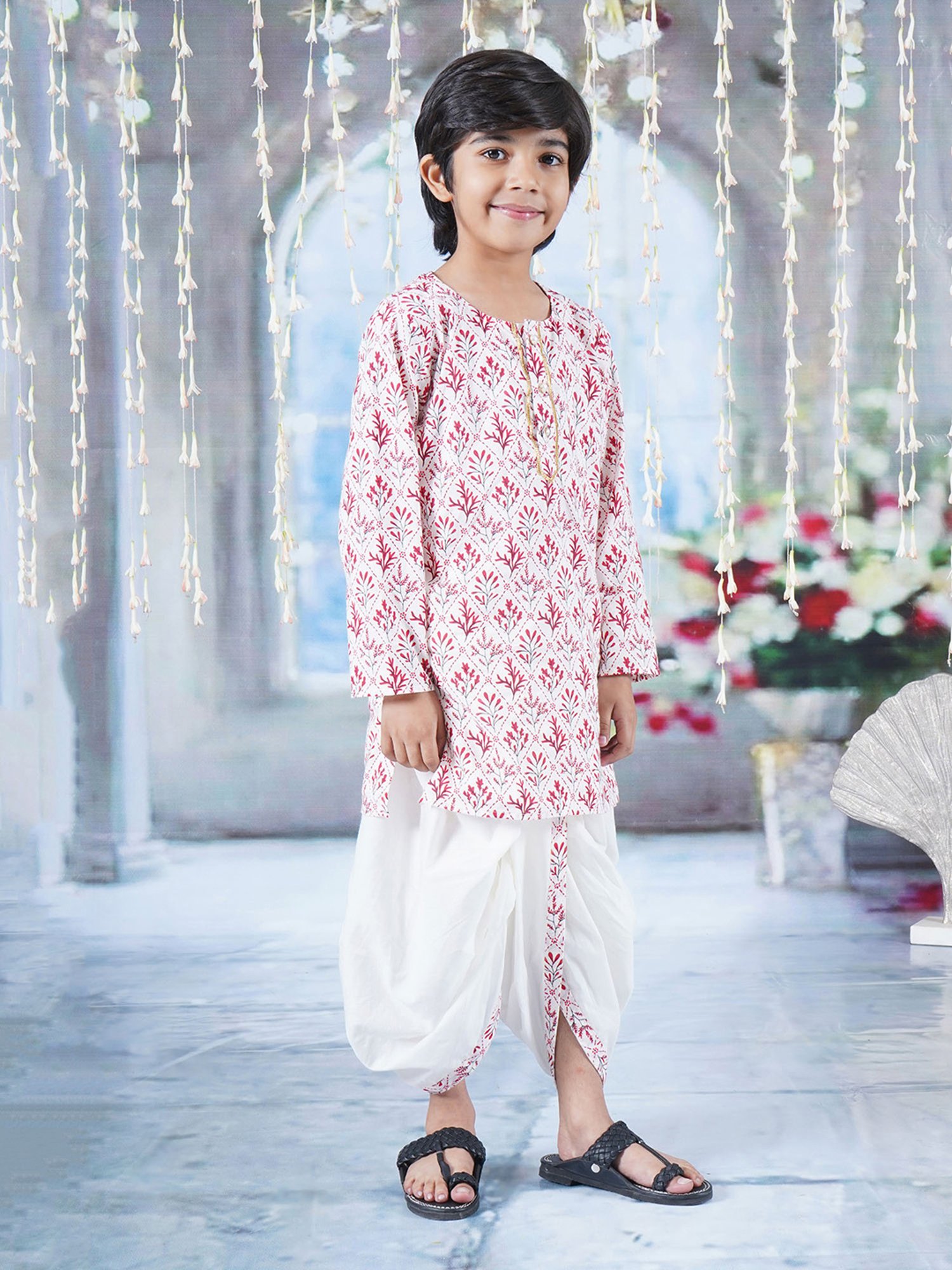 Little Bansi Kids White & Pink Printed Kurta with Dhoti
