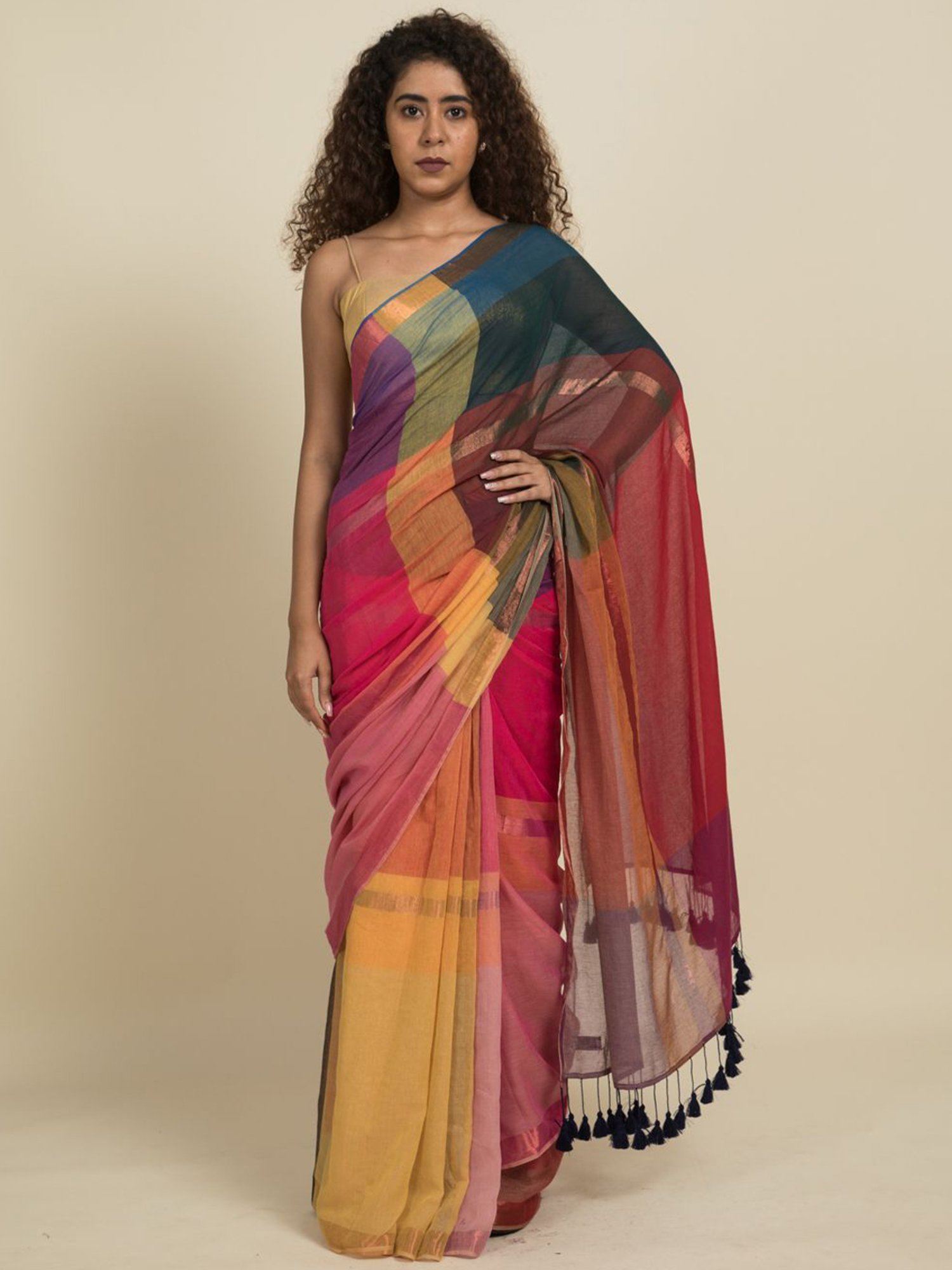 Suta Multicolored Pure Cotton Zari Work Saree Without Blouse