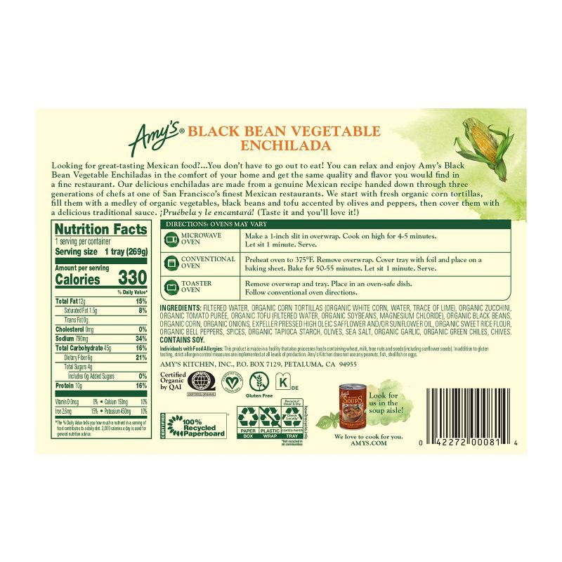 Amy's Organic Black Bean & Vegetable Frozen Enchilada - 9.5oz