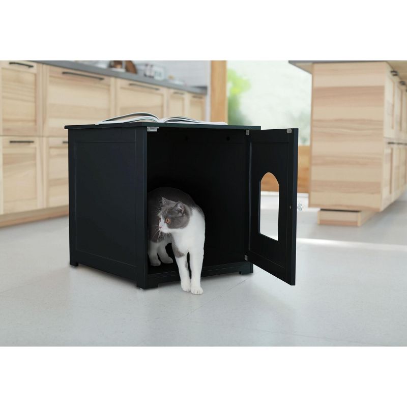 zoovilla Kitty Litter Loo Indoor Hidden Litter Box Furniture Enclosure with Framed Panels and Arched Doorways, Black