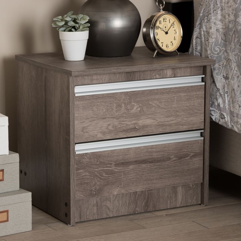 Gallia Modern and Contemporary Oak Finished 2 Drawer Nightstand Brown - Baxton Studio