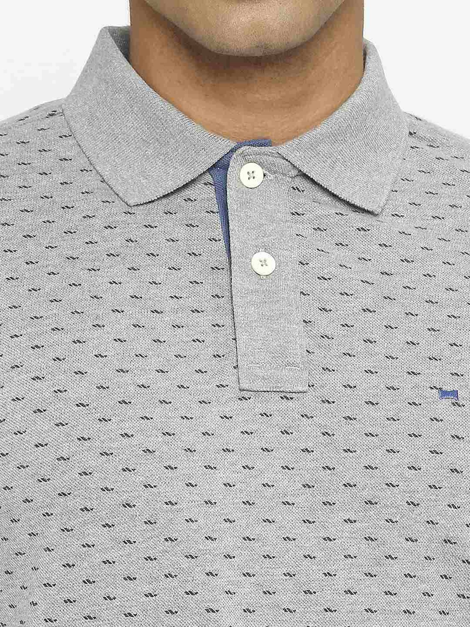 Basics Grey Cotton Muscle Fit Printed Polo T-Shirt