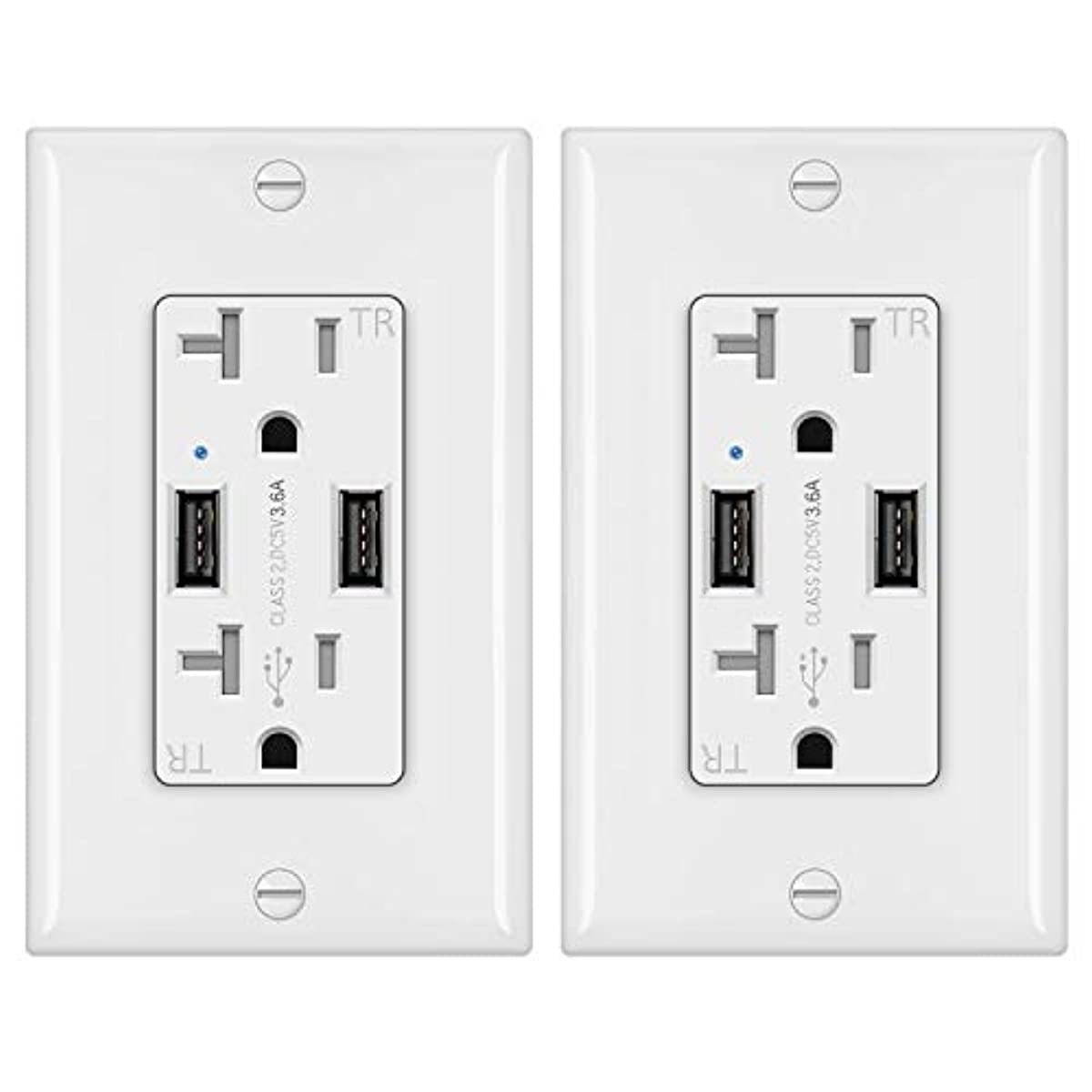 [2 Pack] BESTTEN 3.6A Dual USB Receptacle Outlet with 20 Amp AC Outlets, Smart Chip USB Charger, Wallplate Included, UL Listed, White